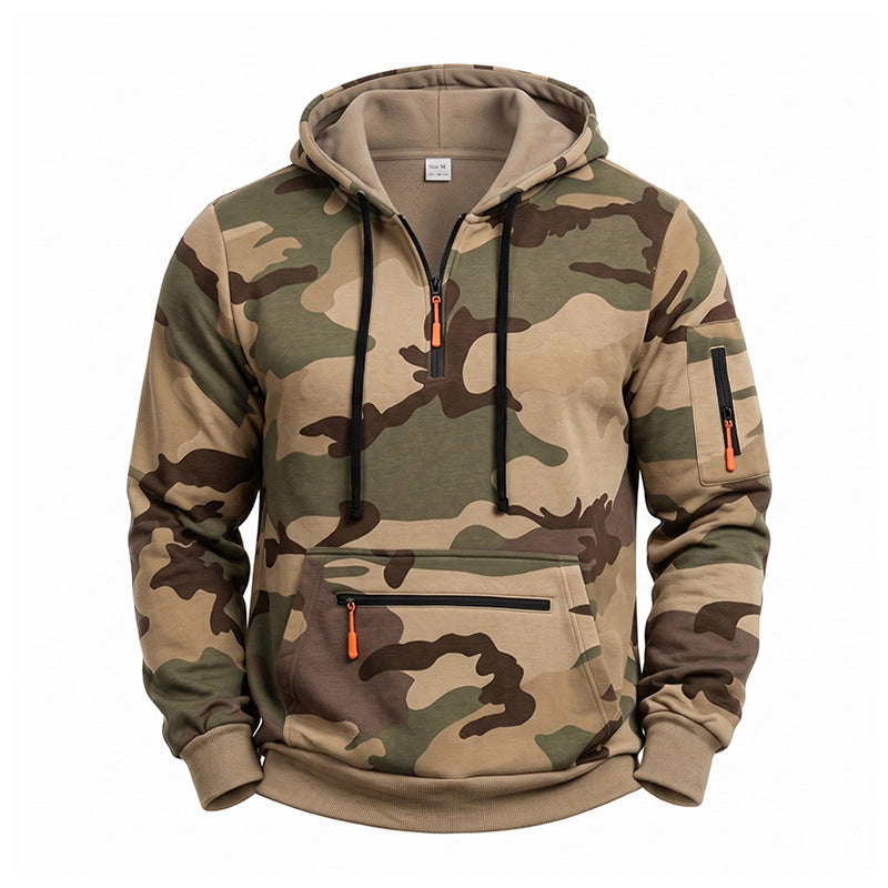 Herren Kapuzenpullover Camouflage mit Fleecefutter, Halbzip und Reißverschlusstaschen Nord Taschen