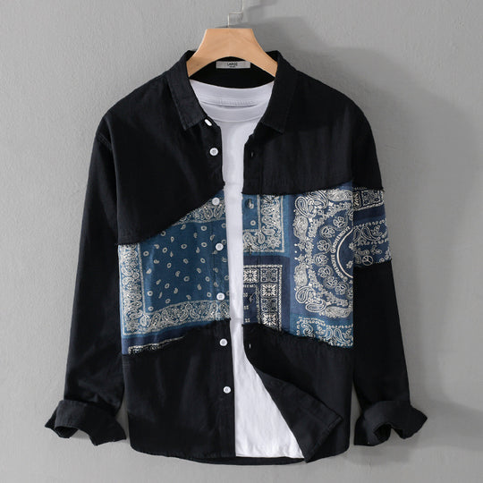 Herren Patchwork-Hemdjacke mit Bandana-Einsatz, rohen Kanten und weiter Passform Nord Taschen