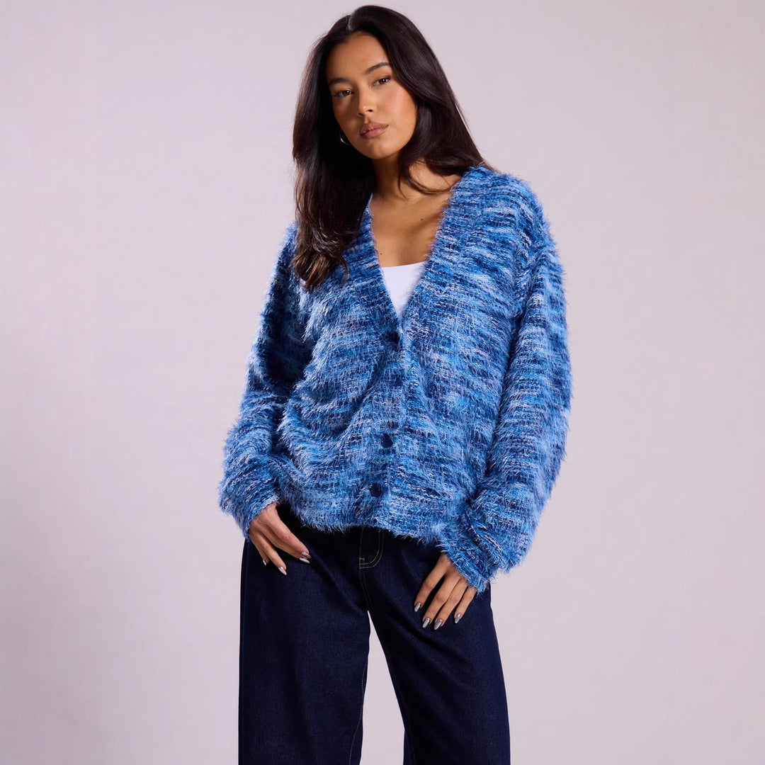 Damen Flauschiger Grobstrick-Cardigan mit V-Ausschnitt Nord Taschen