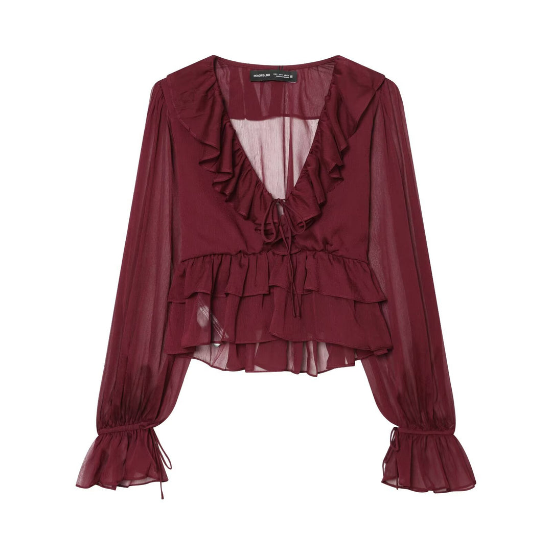 Damen Chiffon-Croppedbluse mit Rüschenvolant, Bindeband und Ballonärmeln Nord Taschen