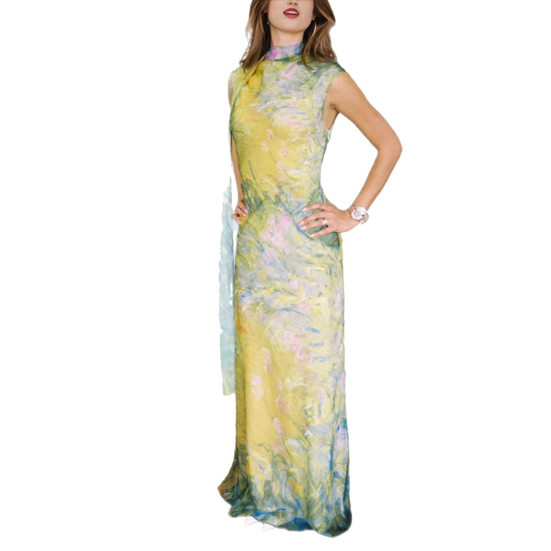 Damen Langes Kleid mit floralem Design und hochgeschlossenem Kragen Nord Taschen