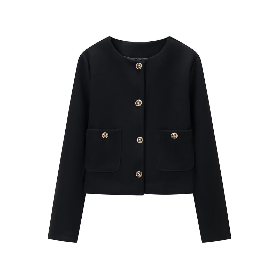 Damen Cropped Wollmix-Jacke mit Rundhalsausschnitt, aufgesetzten Taschen und goldfarbenen Zierknöpfen Nord Taschen