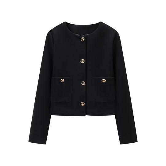 Damen Cropped Wollmix-Jacke mit Rundhalsausschnitt, aufgesetzten Taschen und goldfarbenen Zierknöpfen Nord Taschen