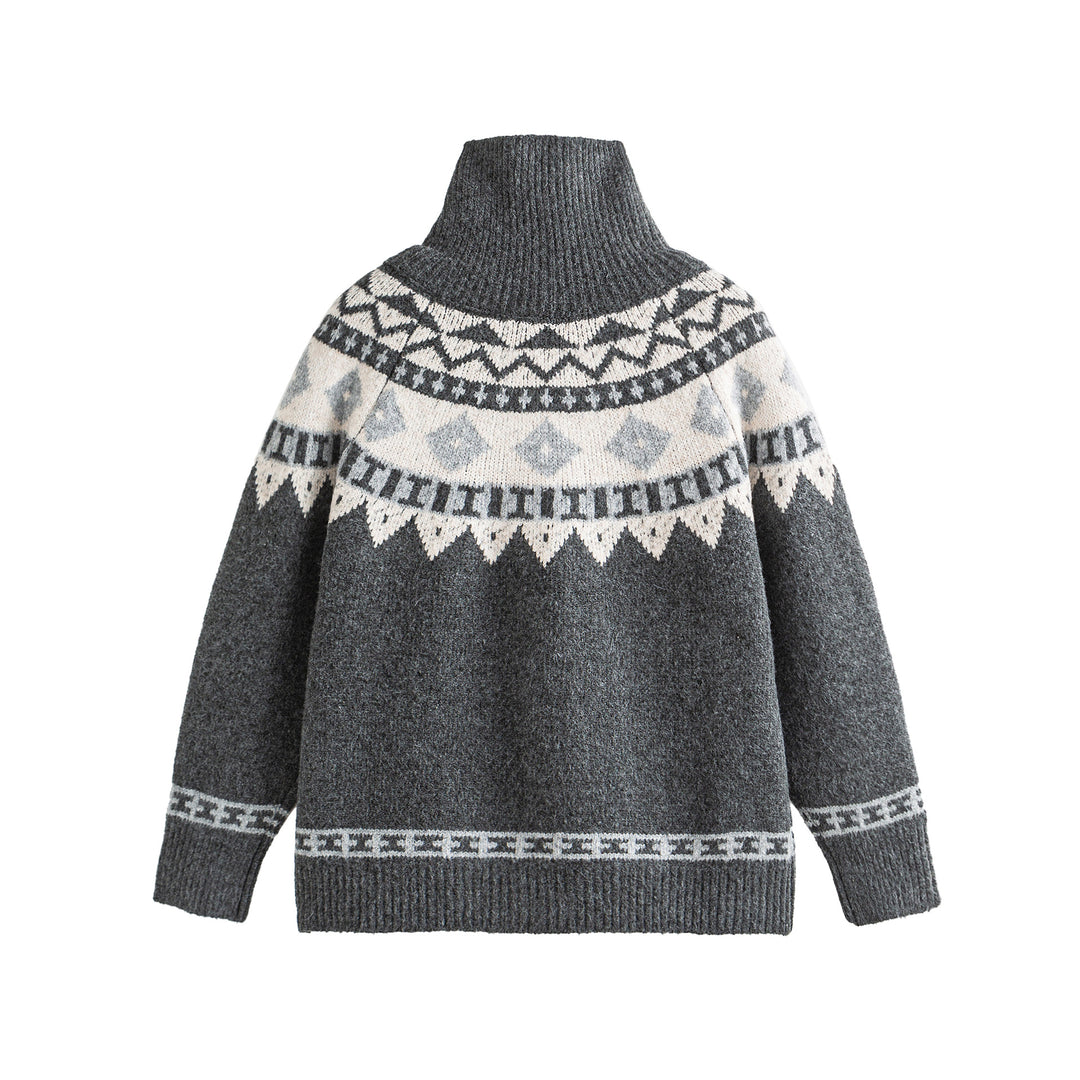 Damen Norwegermuster Strickcardigan mit hohem Stehkragen und Knebelverschlüssen Nord Taschen