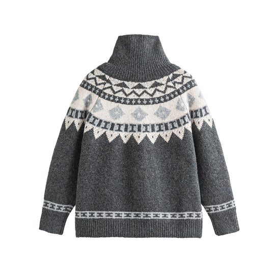 Damen Norwegermuster Strickcardigan mit hohem Stehkragen und Knebelverschlüssen Nord Taschen