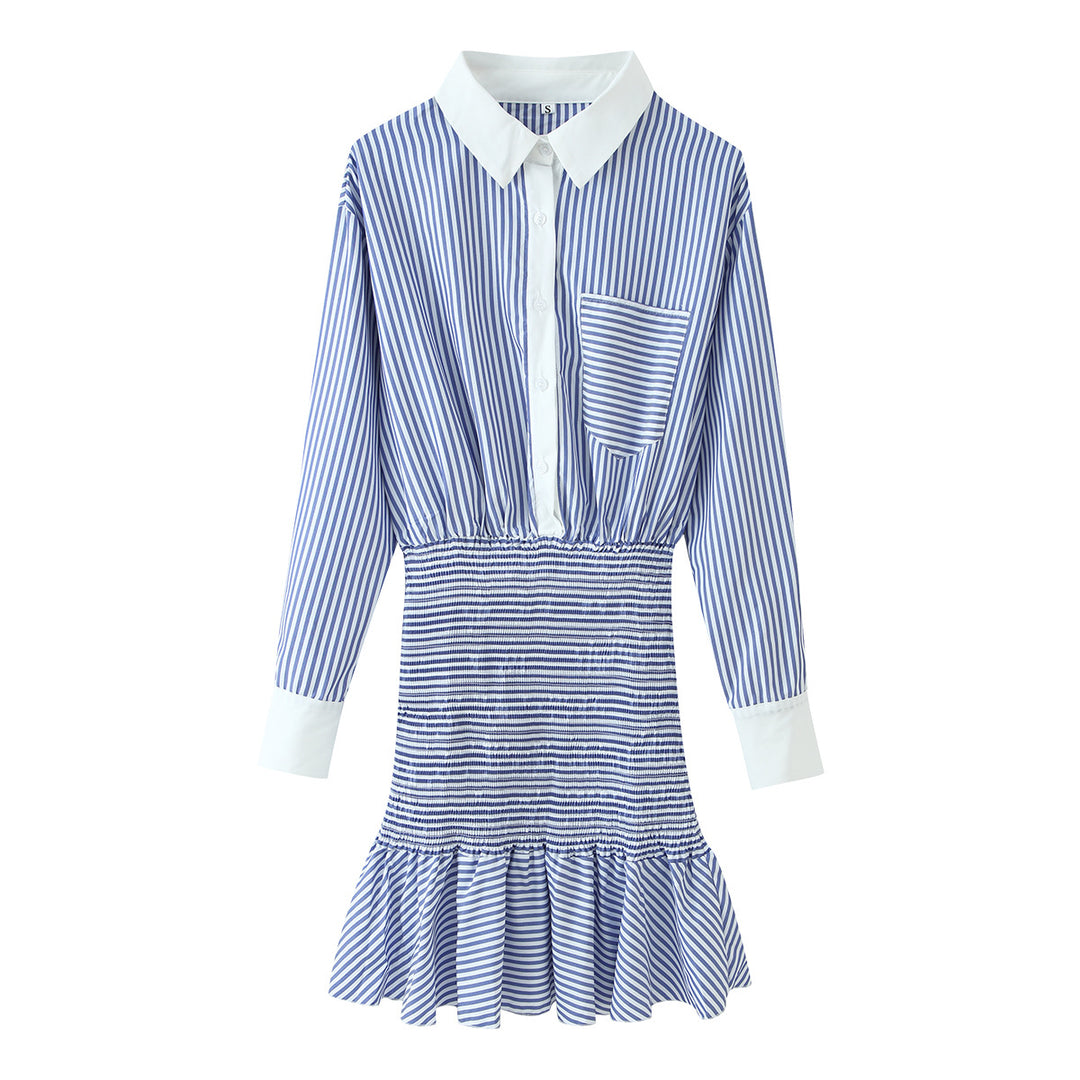 Damen Gestreiftes Hemdblusenkleid mit Taillen-Smokung, Schößchen und Kontrastkragen Nord Taschen