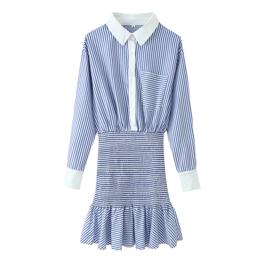 Damen Gestreiftes Hemdblusenkleid mit Taillen-Smokung, Schößchen und Kontrastkragen Nord Taschen