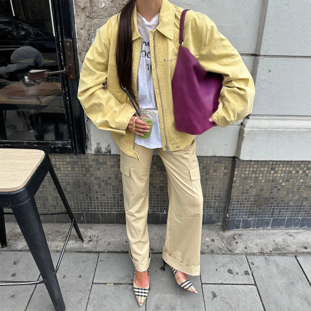 Damen Boxy-Canvas-Jacke mit Reißverschluss, Pattentaschen und Taillen-Zug Nord Taschen