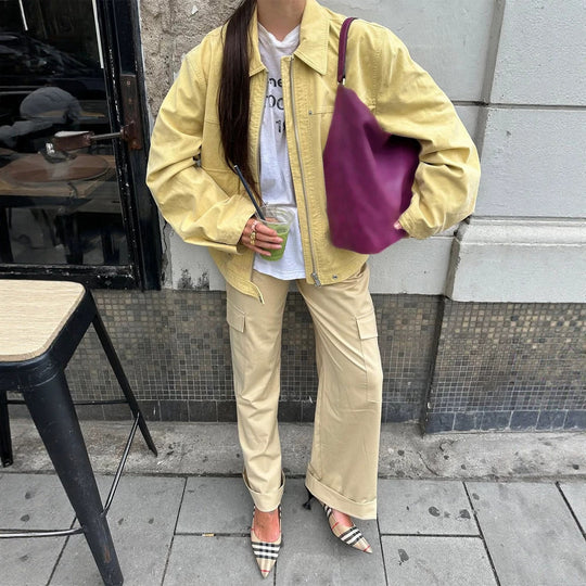 Damen Boxy-Canvas-Jacke mit Reißverschluss, Pattentaschen und Taillen-Zug Nord Taschen