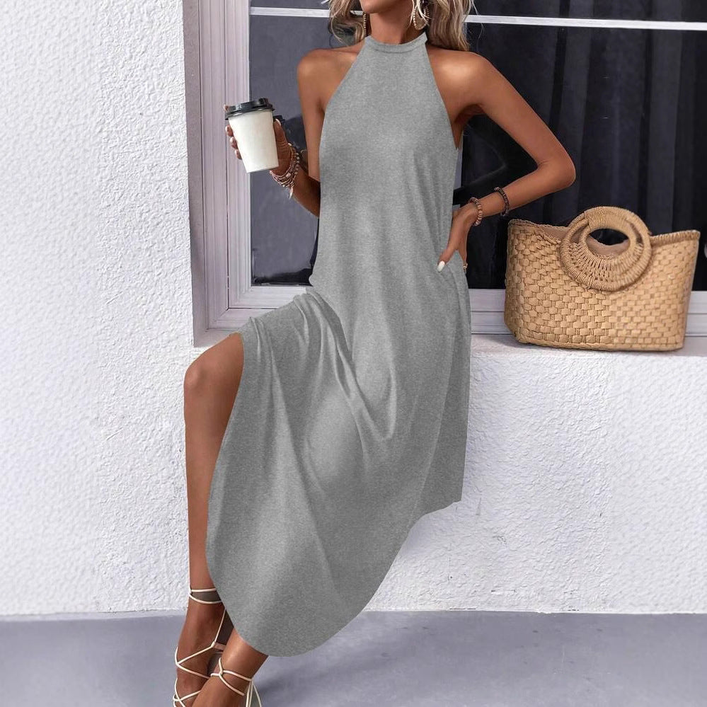 Damen lässiges Sommermaxikleid mit elegantem Halternetz und praktischen Taschen