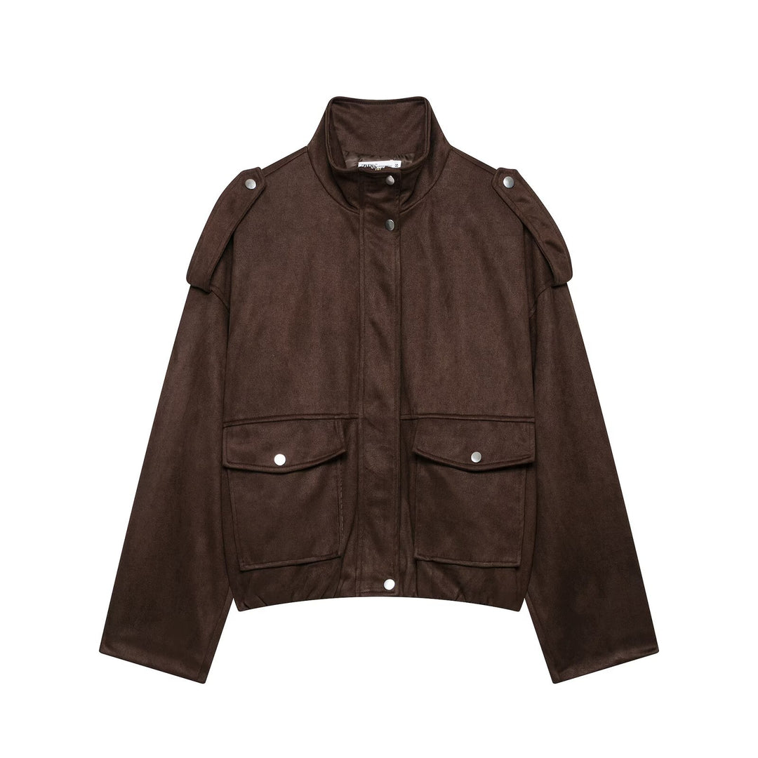Damen Cropped Field-Jacke in Wildlederoptik mit Stehkragen, Schulterklappen und großen Pattentaschen Nord Taschen