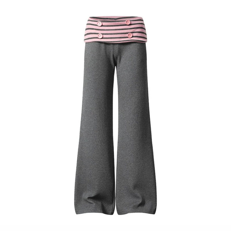 Damen Weite Loungewear-Hose mit umschlagbarem Streifenbund und Zierknöpfen Nord Taschen