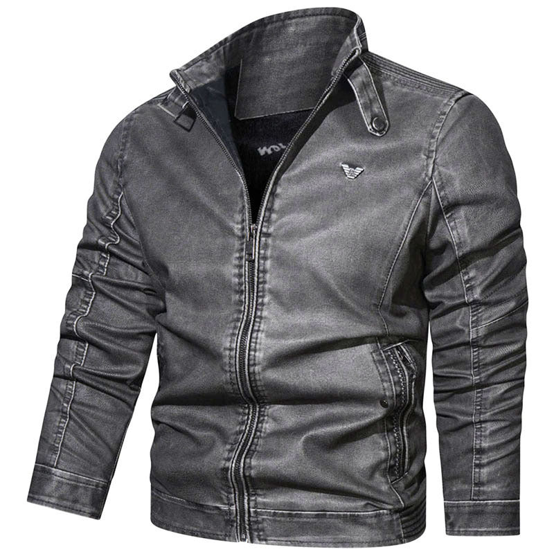 Herren Slim-Fit Jeansblouson im Pilotenstil mit Stehkragen, Ärmelraffungen und Reißverschlusstaschen Nord Taschen