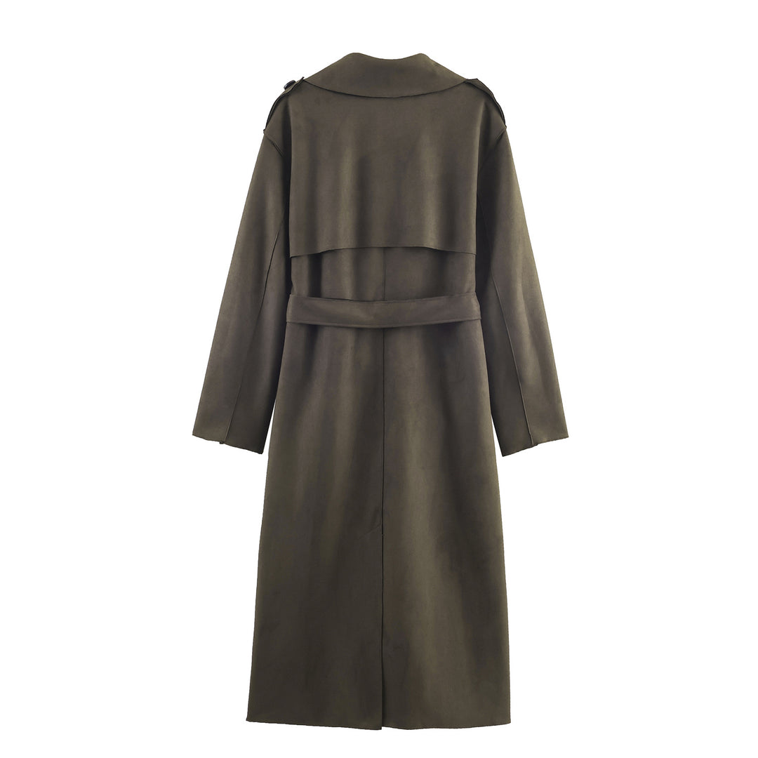 Damen Midilanger Mantel im Trench-Stil mit Bindegürtel und Schulterriegeln Nord Taschen