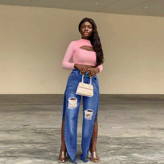 Damen geweitete Denim-Jeans mit hohen Seitenschlitzen und Destroyed-Kniepartie Nord Taschen