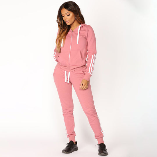 Damen sportliches Zip-Hoodie und Slim-Jogger-Set aus French-Terry mit kontrastierenden Streifen Nord Taschen