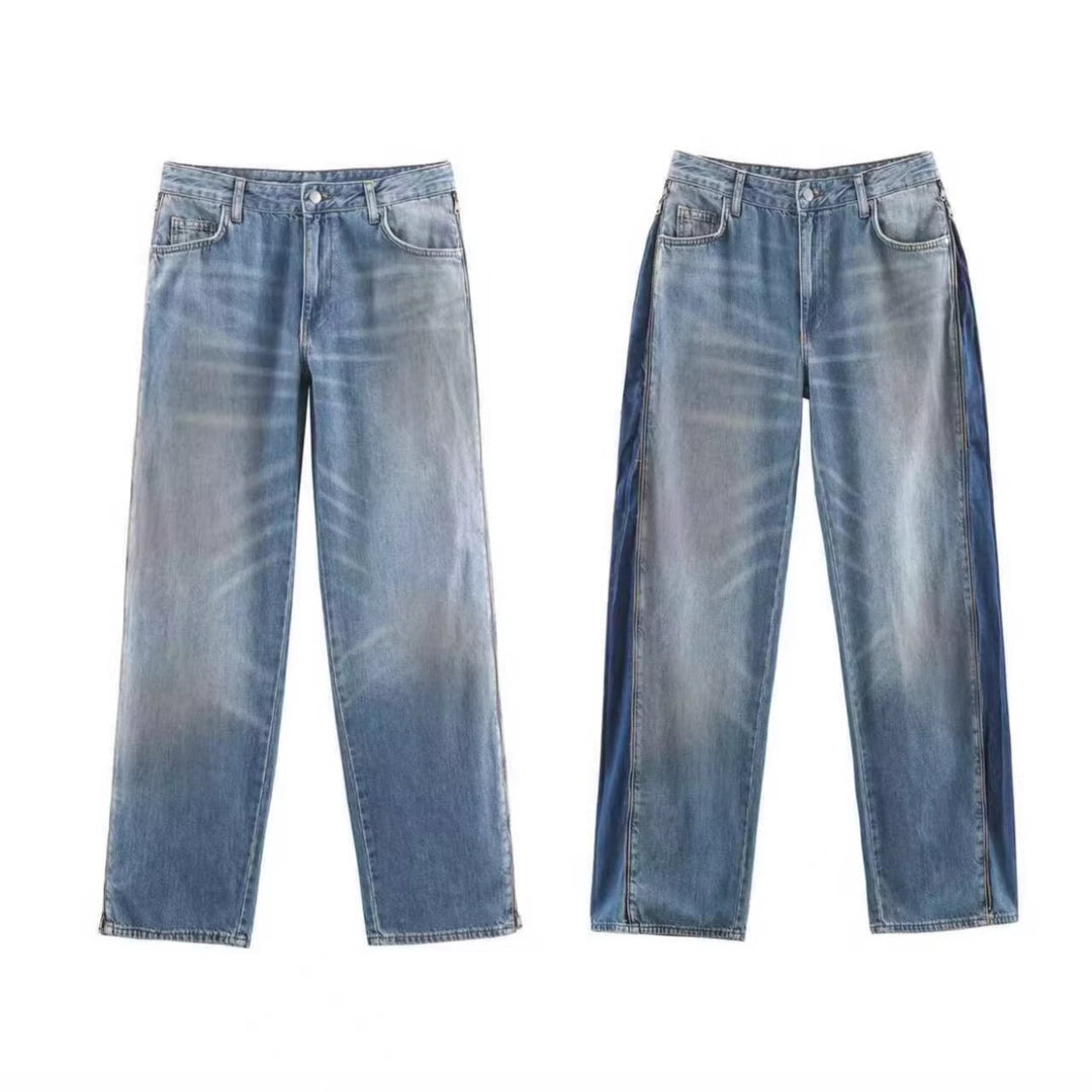 Damen Weite High‑Waist Jeans mit geradem Bein und Vintage-Wash Nord Taschen