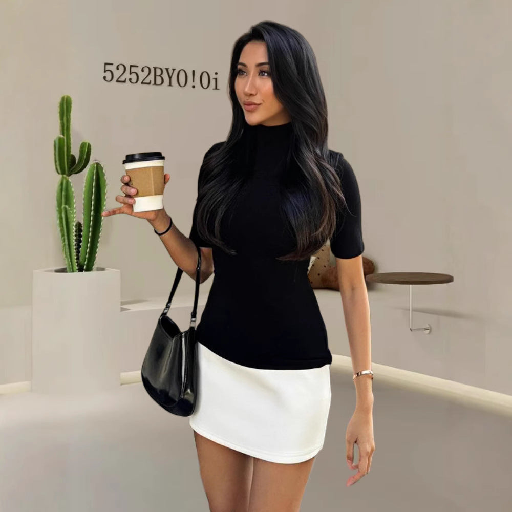 Damen figurbetontes T-Shirt mit Stehkragen und kurzen Ärmeln Nord Taschen