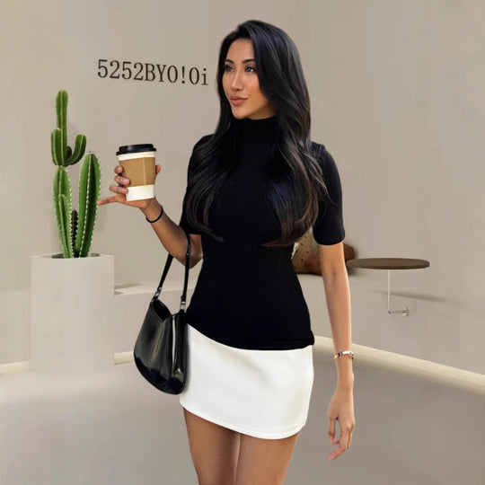 Damen figurbetontes T-Shirt mit Stehkragen und kurzen Ärmeln Nord Taschen