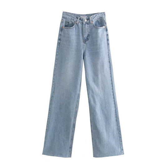 Damen Hochtaillierte weit geschnittene Jeans mit weitem Bein, hoher Taille und rohem Saum Nord Taschen