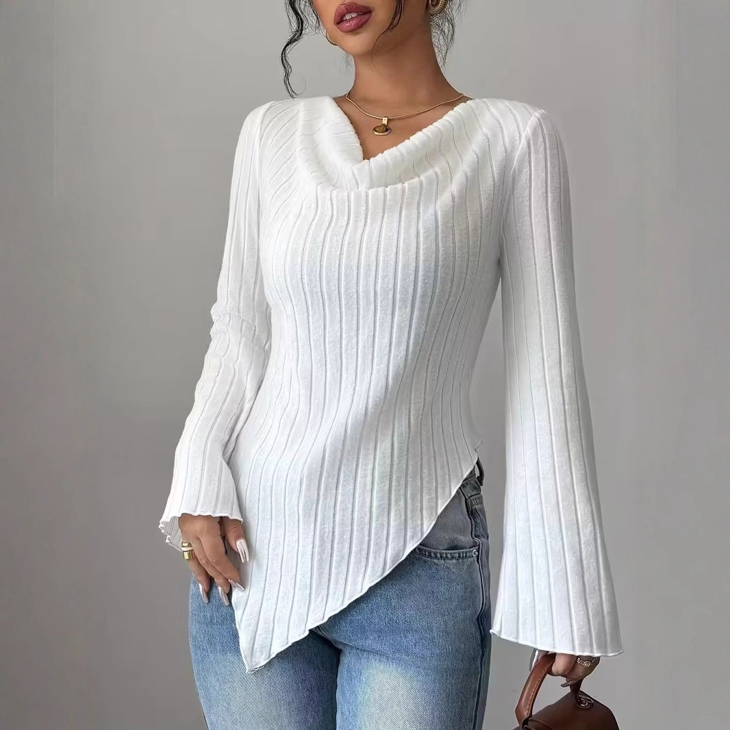 Damen Asymmetrischer Gerippter Feinstrickpullover mit V-Ausschnitt Nord Taschen