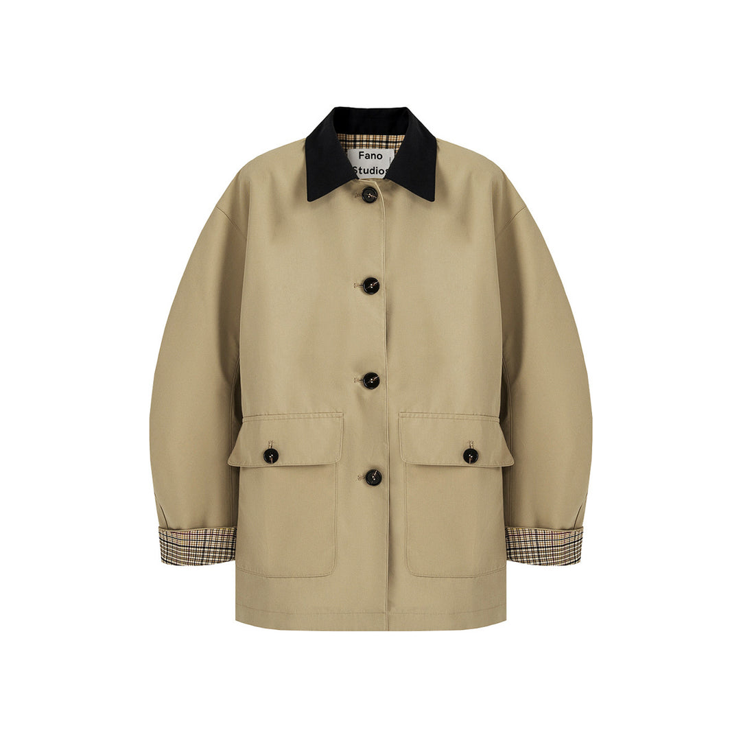 Damen Kurztrenchjacke mit Karofutter und Kontrastkragen Nord Taschen