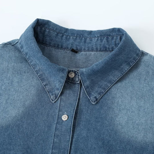 Damen Denim-Hemdbluse mit leichtem Puffärmel und klassischem Hemdkragen Nord Taschen