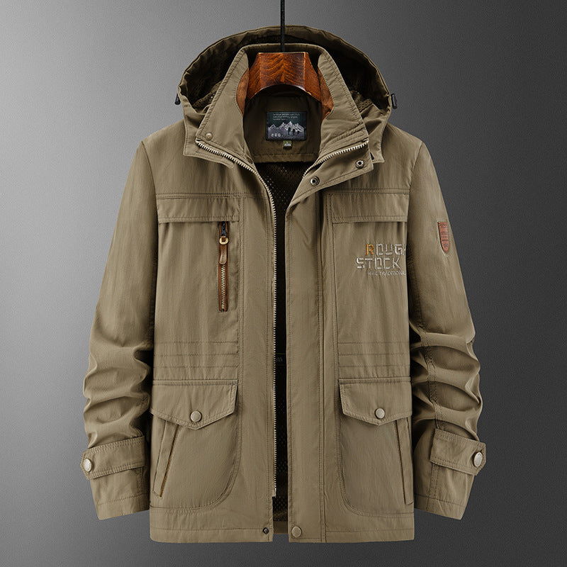 Herren Technische Feldjacke mit Kapuze, Multifunktionstaschen und atmungsaktivem Meshfutter Nord Taschen