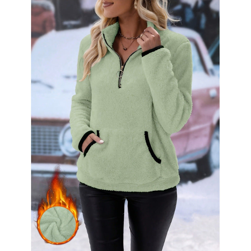 Damen flauschiger Fleece-Kuschelpullover mit halbem Reißverschluss, Kängurutasche und Stehkragen Nord Taschen