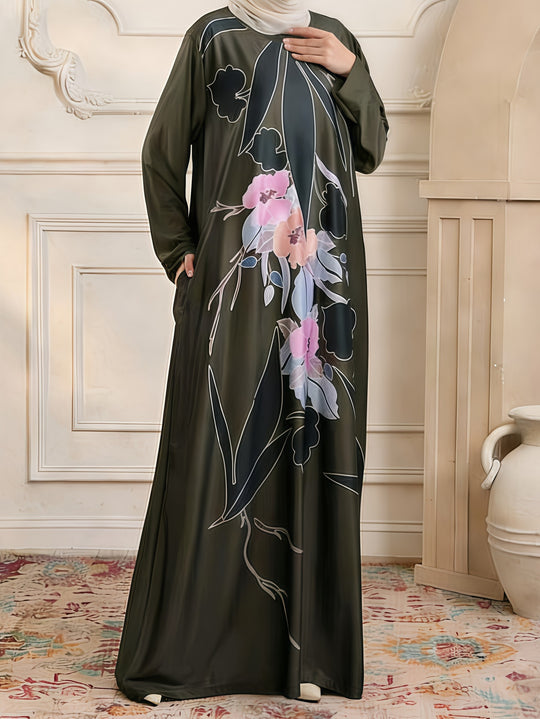 Damen Maxikleid im Kaftan-Stil mit handbemaltem Blumenprint Nord Taschen