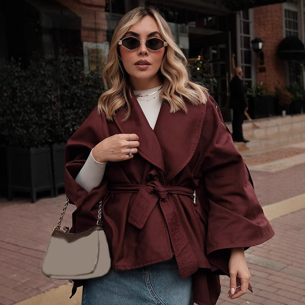 Damen Kurzjacke im Trenchstil mit Taillengürtel, Oversize-Ärmeln und kastiger Cropped-Silhouette Nord Taschen