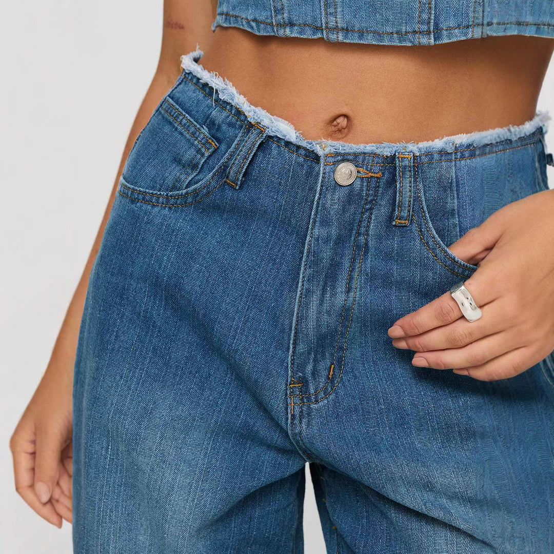 Damen hochgeschnittene Weitbein-Jeans mit rohem Bund, extra weitem Bein und Fünf-Taschen-Schnitt Nord Taschen