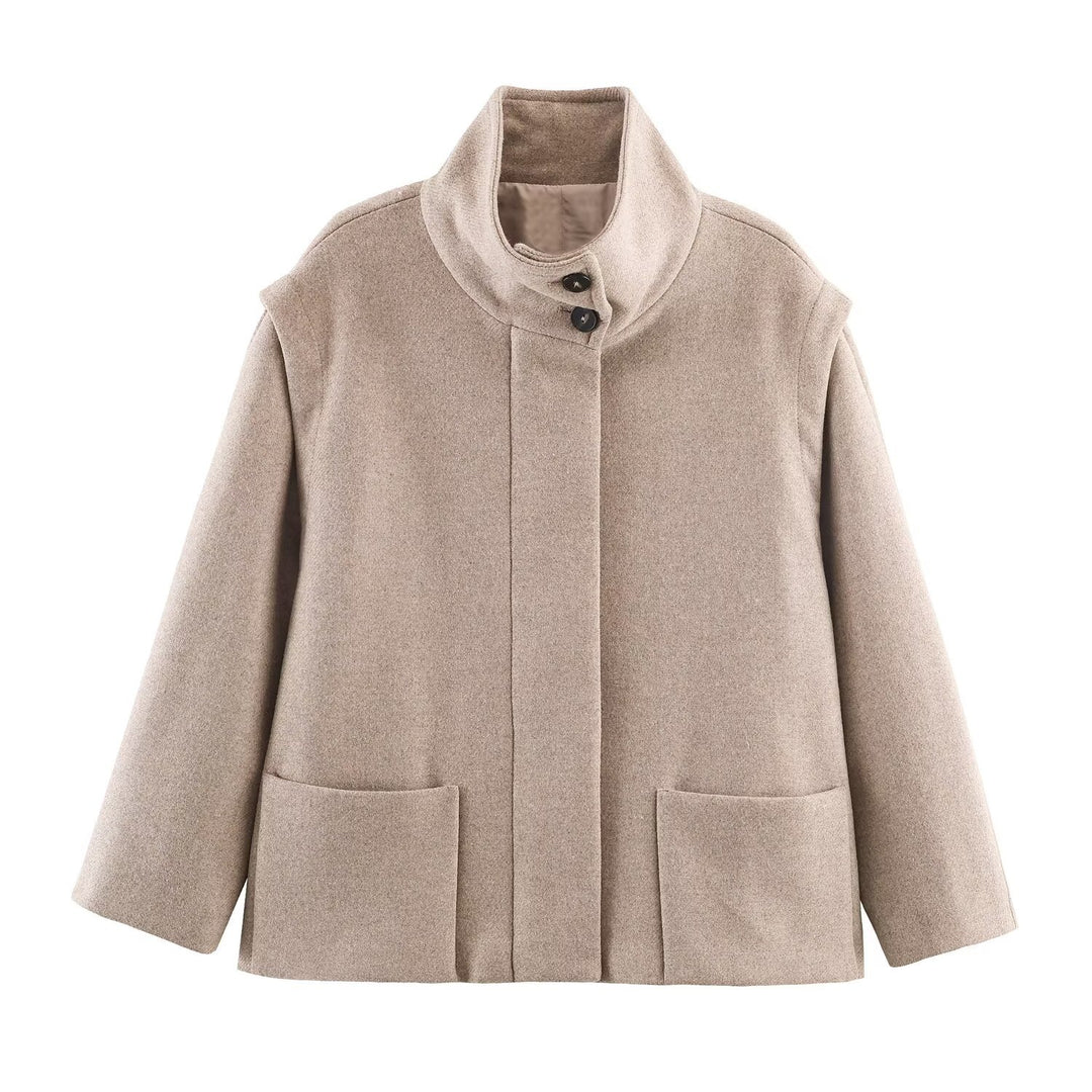 Damen Kurzer Boxy-Wollmix-Mantel mit hohem Stehkragen und verdeckter Knopfleiste Nord Taschen