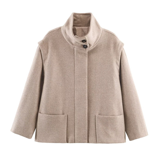 Damen Kurzer Boxy-Wollmix-Mantel mit hohem Stehkragen und verdeckter Knopfleiste Nord Taschen