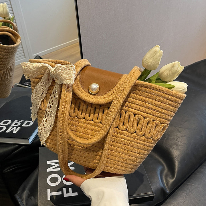 Damen Einkaufstasche mit geflochtenem Design und dekorativem Spitzenband Nord Taschen