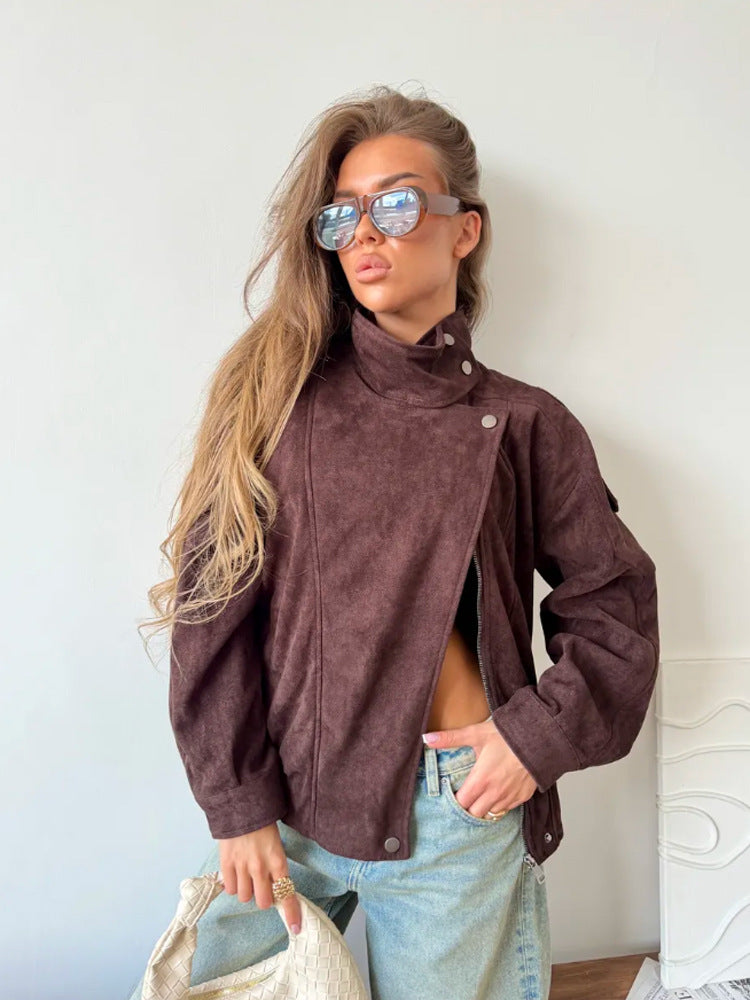 Damen Oversize Wildleder‑Optik Bikerjacke mit hohem Stehkragen Nord Taschen