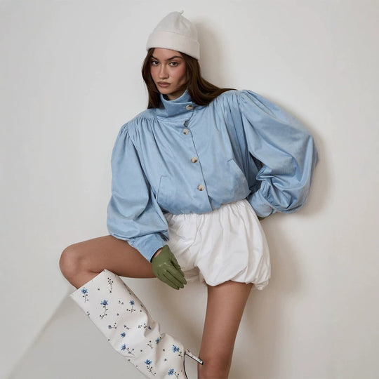 Damen Kurzjacke mit Volumenärmeln, Tunnelzugbund und Stehkragen Nord Taschen