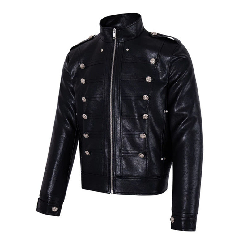 Herren Militärisch inspirierte Kunstlederjacke mit Stehkragen, Zierknopfreihe und Schulterpatten Nord Taschen