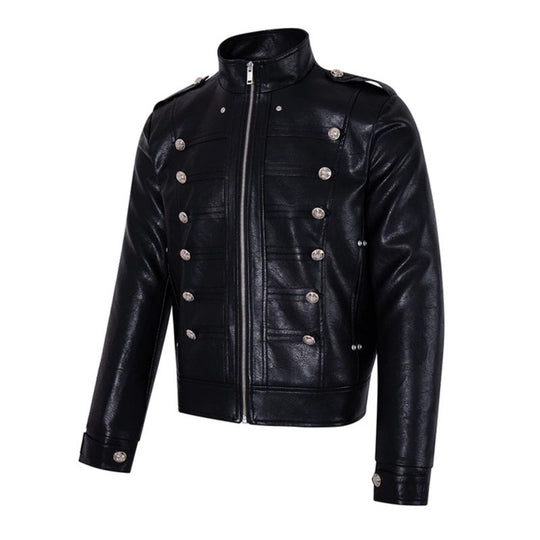 Herren Militärisch inspirierte Kunstlederjacke mit Stehkragen, Zierknopfreihe und Schulterpatten Nord Taschen