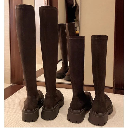 Damen Wadenhohe Veloursleder-Stiefel mit markanter Lug‑Profilsohle und elastischem Schlupfschaft Nord Taschen