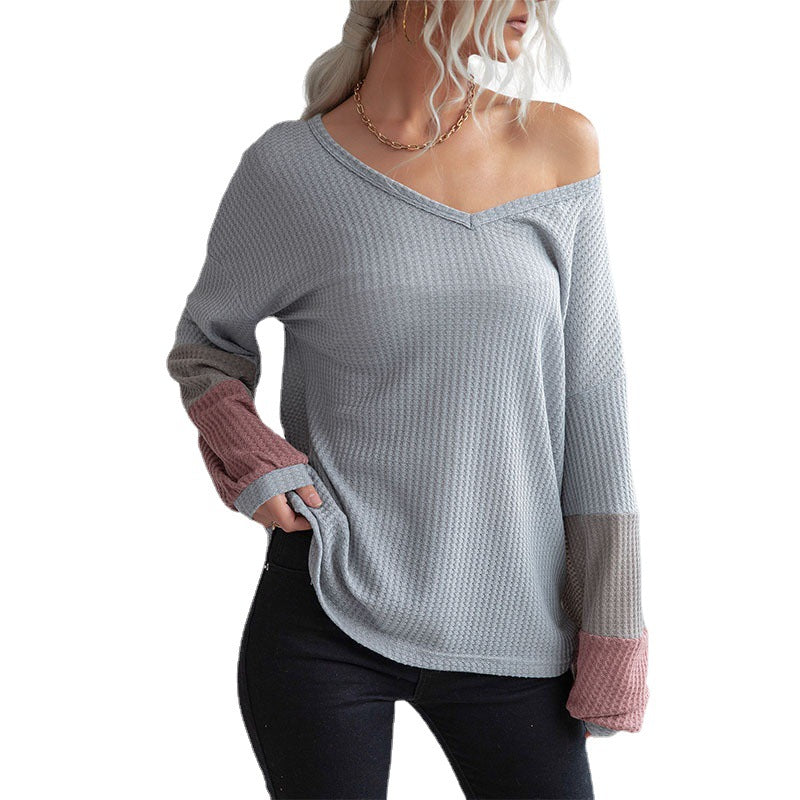 Damen Lockeres Waffelstrick-Shirt mit V‑Ausschnitt und Colorblock‑Ärmeln Nord Taschen