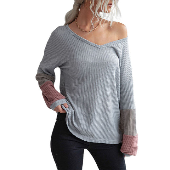 Damen Lockeres Waffelstrick-Shirt mit V‑Ausschnitt und Colorblock‑Ärmeln Nord Taschen