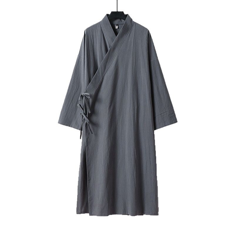 Unisex Langer Kimono-Mantel aus leichtem Baumwollmix mit drapierter Front und Bindeschlaufe Nord Taschen