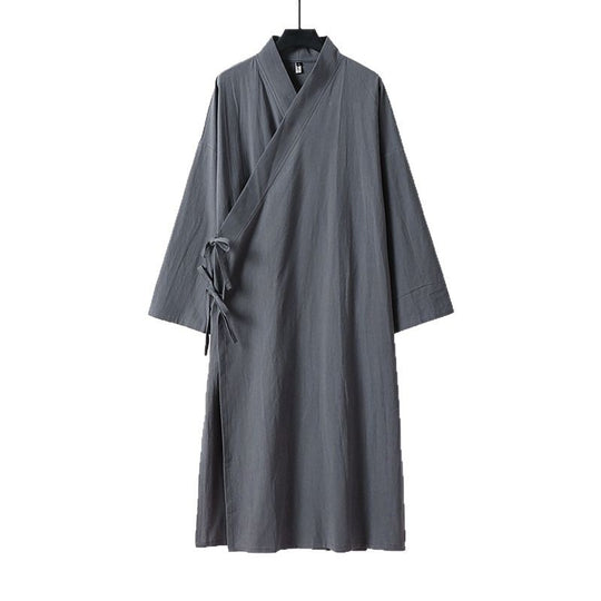 Unisex Langer Kimono-Mantel aus leichtem Baumwollmix mit drapierter Front und Bindeschlaufe Nord Taschen