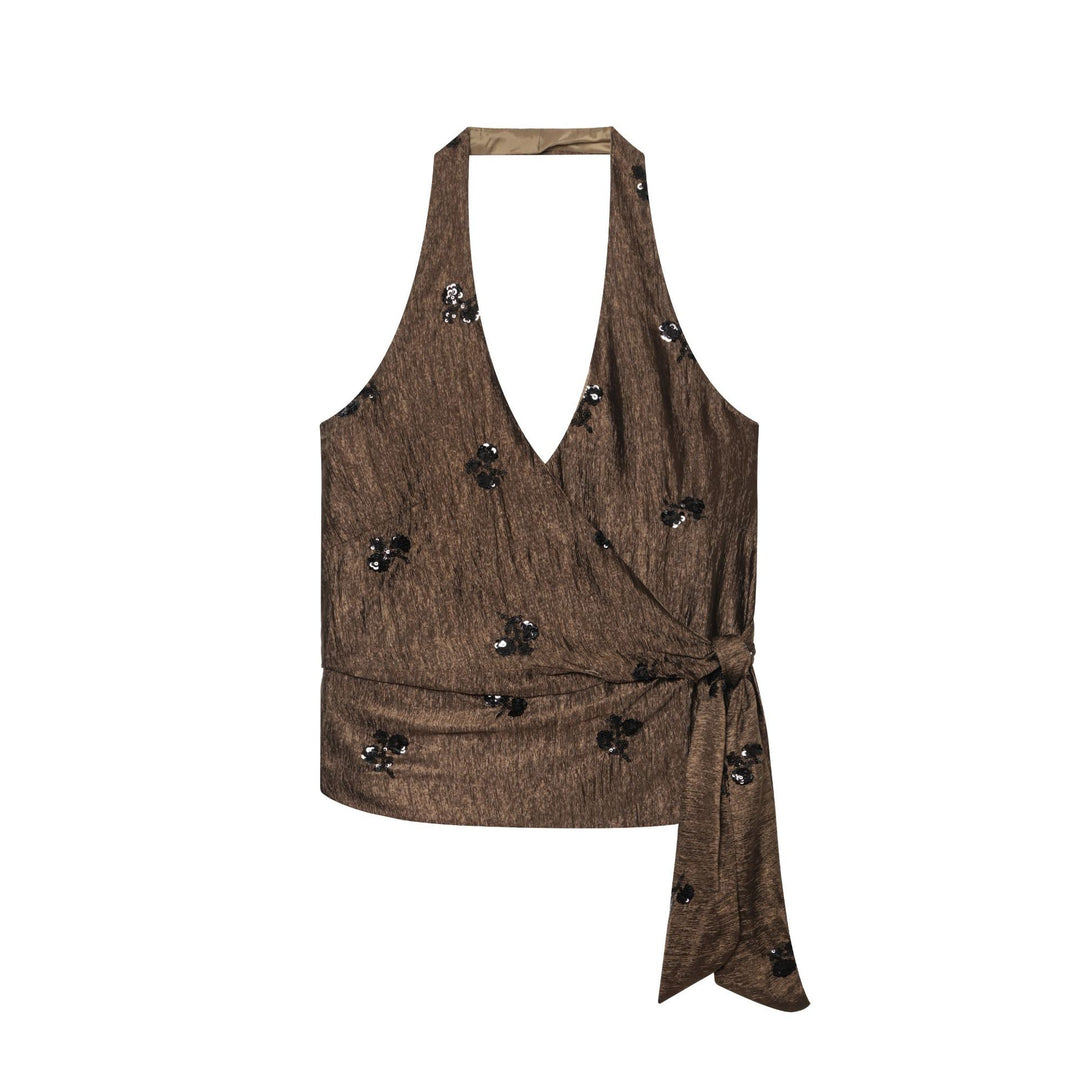 Damen Weite High‑Waist‑Hose mit Crinkle‑Effekt und Paillettenblüten Nord Taschen