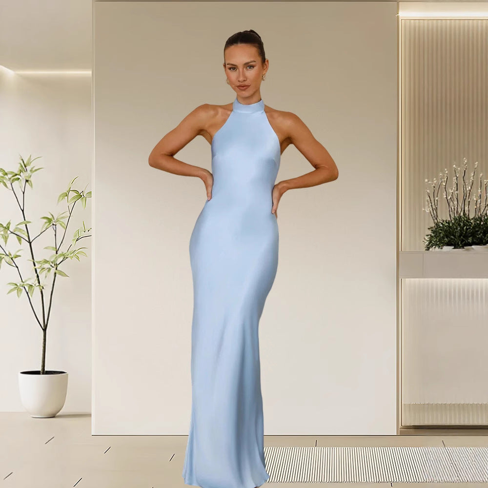 Damen Elegantes Satin-Maxikleid mit hohem Kragen und körpernahem Schnitt Nord Taschen