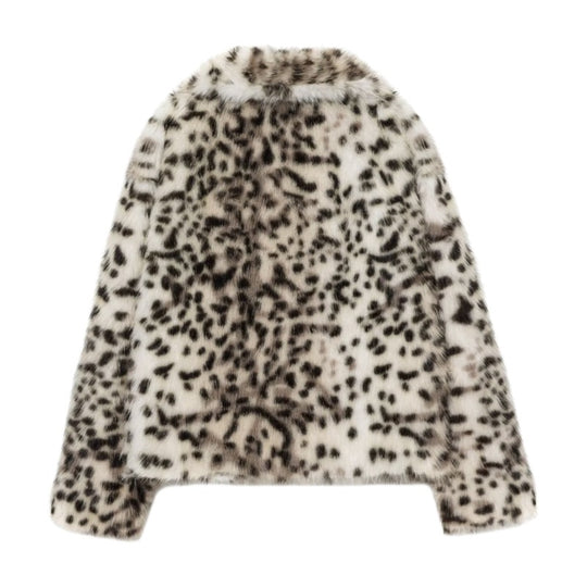 Damen Kurzjacke aus Kunstpelz im Snow-Leopard-Print mit weitem Revers Nord Taschen