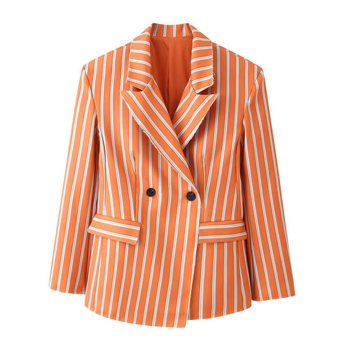 Damen Doppelreihiger Streifenblazer mit markantem Revers und Pattentaschen Nord Taschen