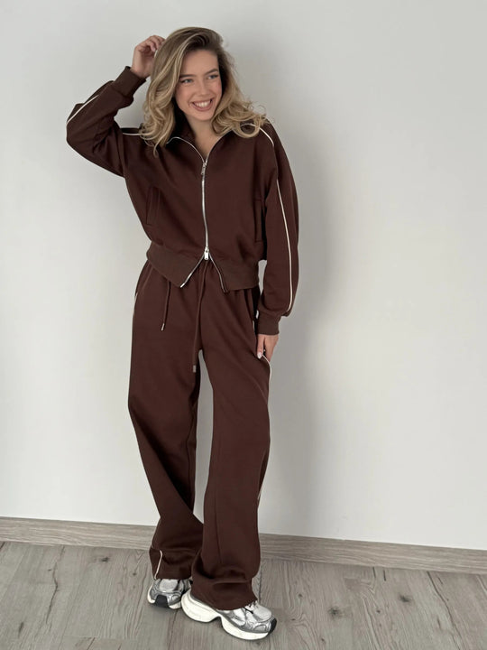 Damen lockerer Zip-Trainingsanzug mit kontrastpaspel, weitem Bein und elastischem Tunnelzugbund Nord Taschen