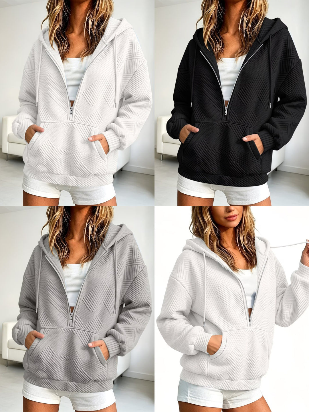 Damen Gequilteter Half-Zip Kapuzenpullover mit geometrischer Steppstruktur Nord Taschen